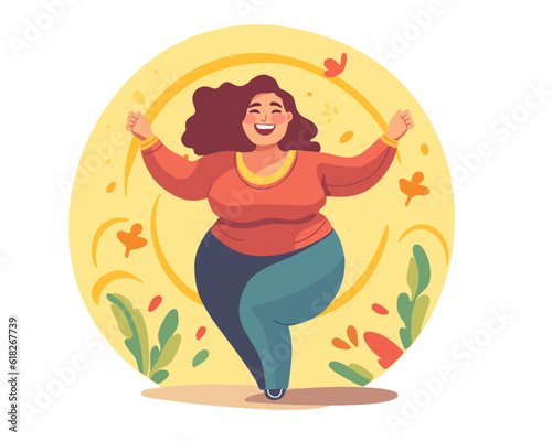 Happy plump woman, body positive, love yourself. Flat vector illustration
