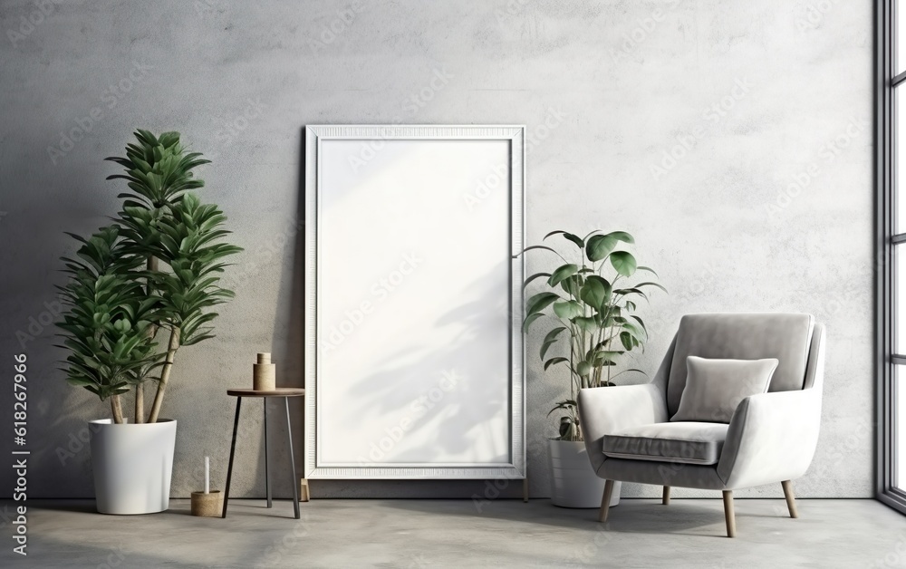 Empty frame on the Gray concrete wall with copy space in the living room with a white retro armchair, green plants on the floor side, coffee table. Sunlight and foliages leaves shadow. Empty frame on the Gray concrete wall with copy space in the living room with a white retro armchair, green plants on the floor side, coffee table. Sunlight and foliages leaves shadow.
