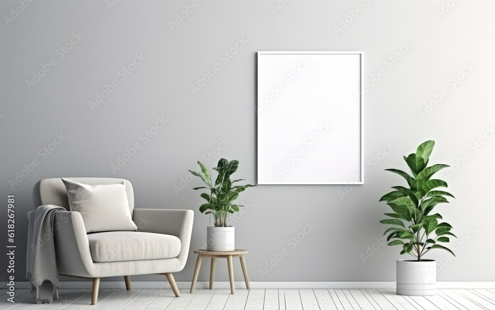 Empty frame on the Gray wall with copy space in the living room with a white armchair decorated with rug, green indoor plants in vases on the floor side Empty frame on the Gray wall with copy space in the living room with a white armchair decorated with rug, green indoor plants in vases on the floor side