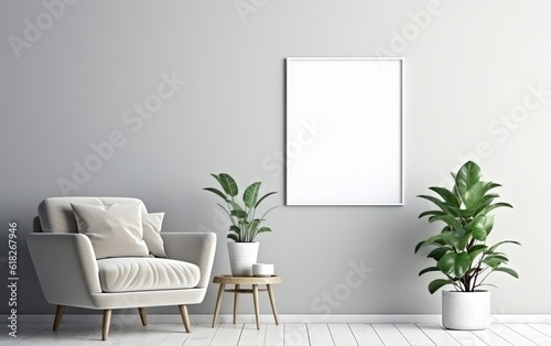 Empty frame on the Gray wall with copy space in the living room with a white retro armchair, green plants on the floor side, coffee table.
