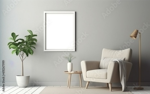 Empty frame with copy space in the living room with a beige armchair, trees on the floor side, coffee table. Gray wall © lanters_fla