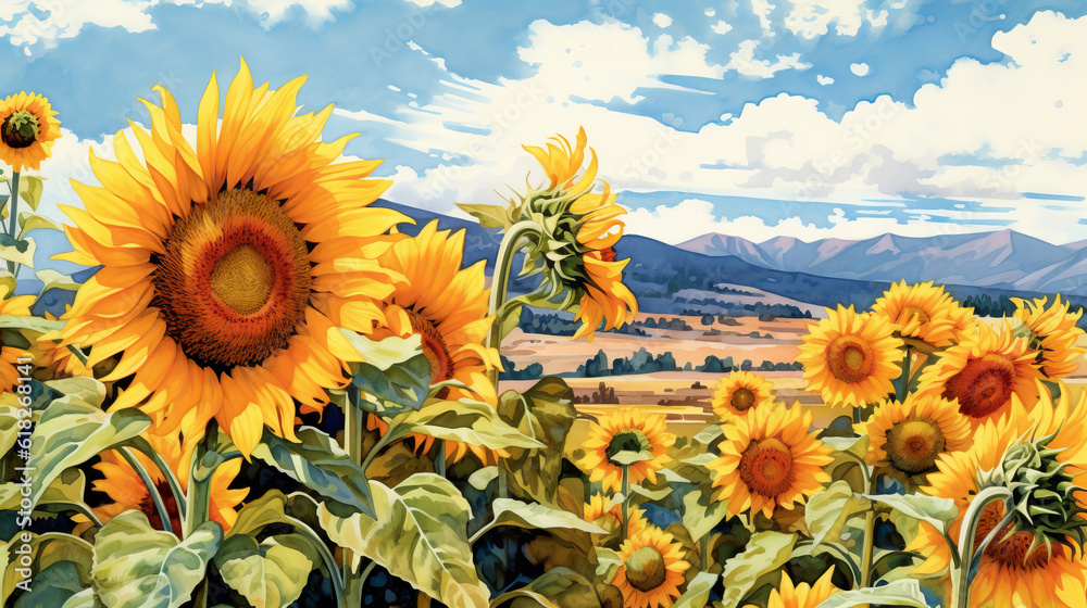 Field of Sunflowers Under a Blue Sky watercolor. AI generated
