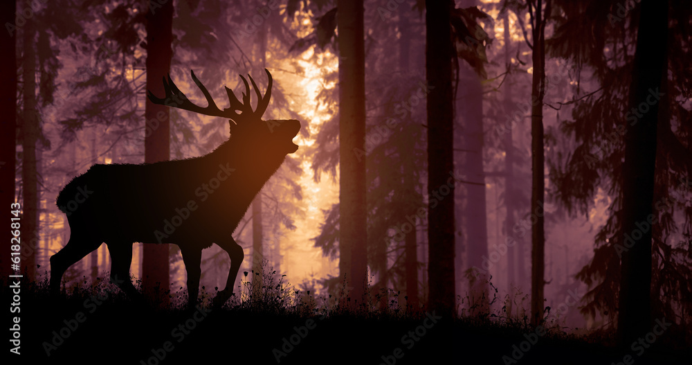 Deer in the woods at sunset. Generative AI
