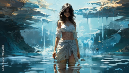 Painting of anime entity girl standin in the water.  photo