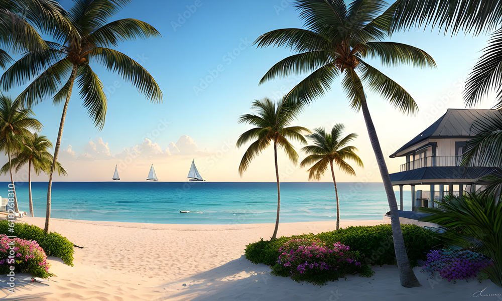 Fototapeta premium Dawn on the Sea, beach, palm trees and yachts, Generative AI, Generative, AI