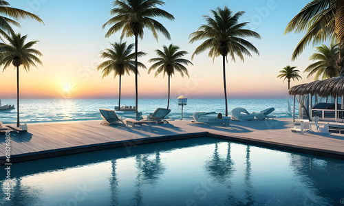 Dawn on the Sea, beach, palm trees and yachts, Generative AI, Generative, AI