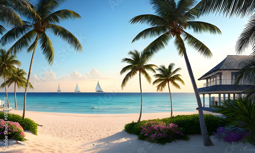 Dawn on the Sea  beach  palm trees and yachts  Generative AI  Generative  AI