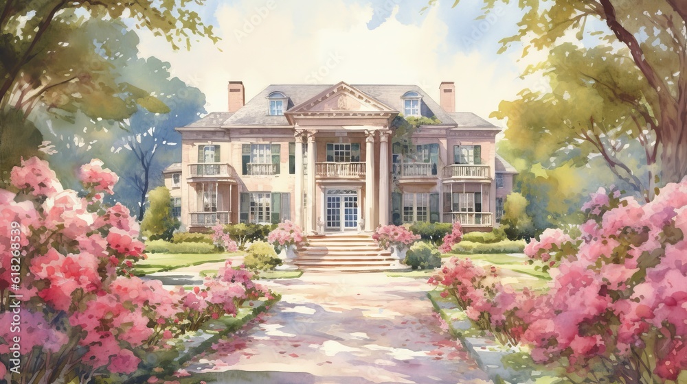 Stately and Classic Rose Garden watercolor. AI generated
