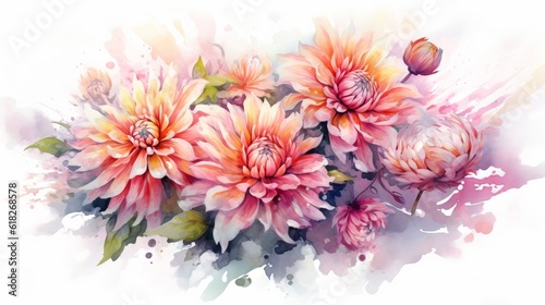 Twisted and Artistic Dahlia and Peony Bouquet watercolor. AI generated
