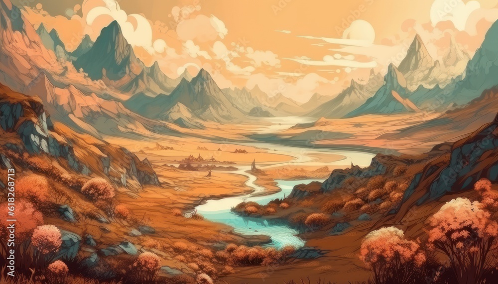 Fantasy landscape, beautiful scenery with mountains, digital illustration, wallpaper or background surrealistic style