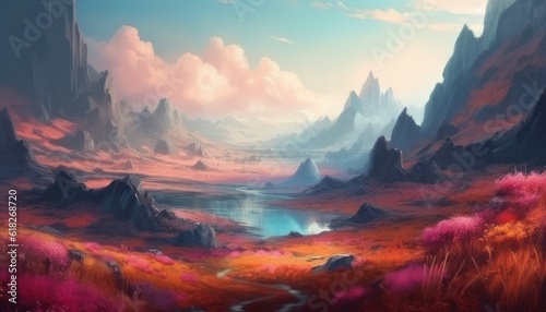 Fantasy landscape, beautiful scenery with mountains, digital illustration, wallpaper or background surrealistic style © oleksii
