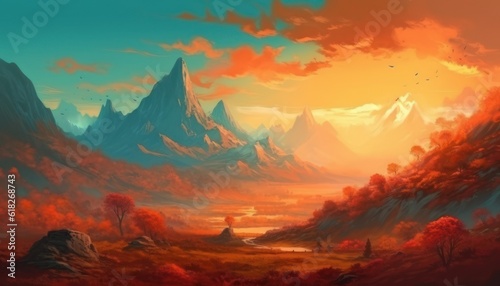 Fantasy landscape, beautiful scenery with mountains, digital illustration, wallpaper or background surrealistic style