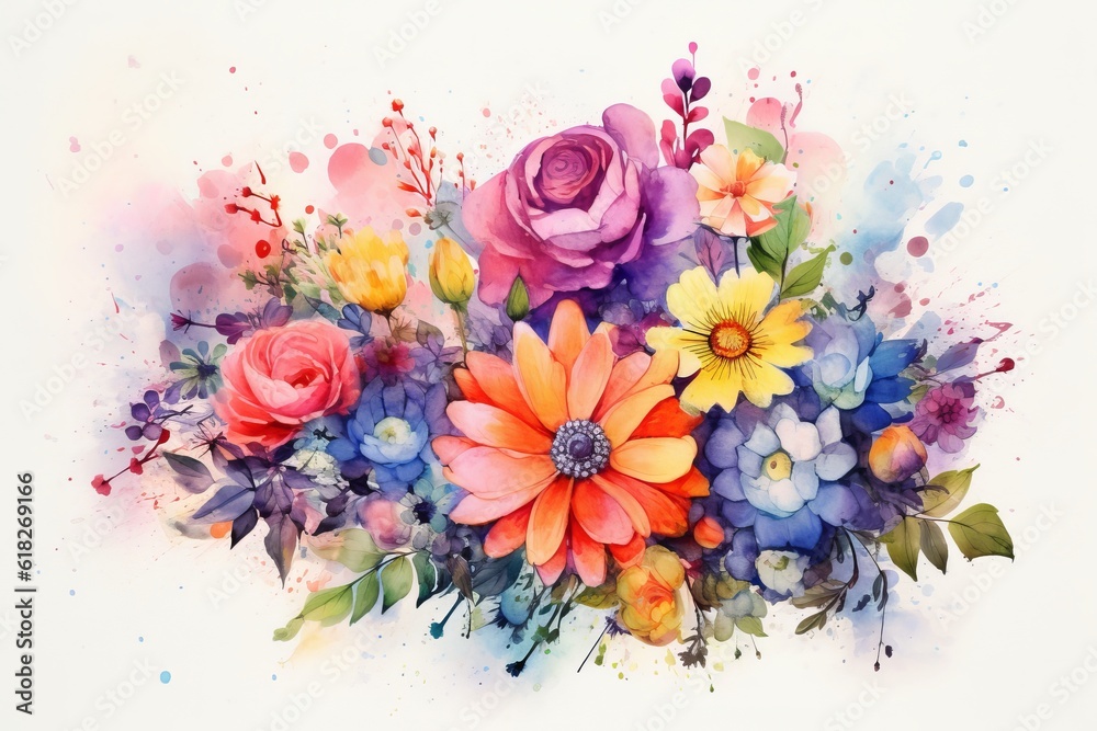 Beautiful Blooms watercolor illustration. AI generated