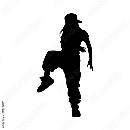 Vector illustration. Silhouette of a girl dancer in baggy hip-hop clothes.