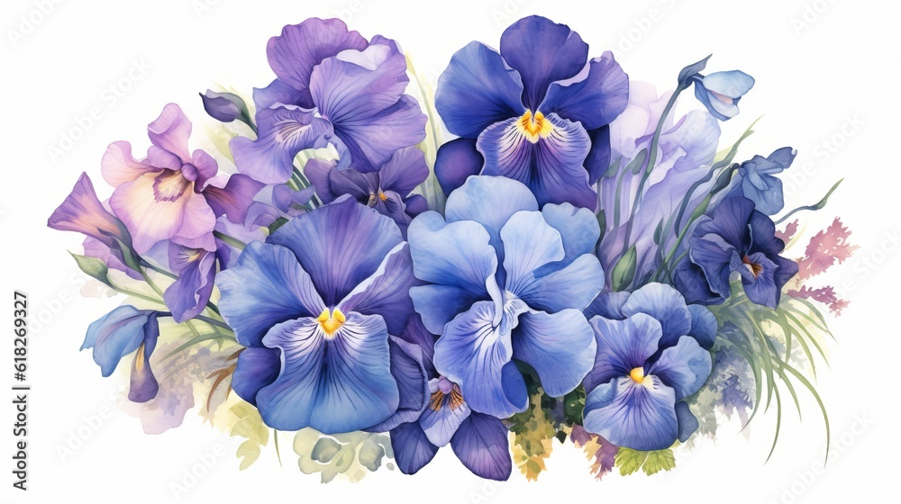 Blue and Purple Hued Iris and Pansies watercolor. AI generated