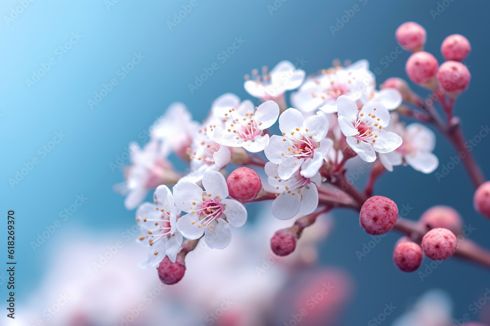 Delicate Small White Flowers on a Toned Gentle Blue Background - Created with Generative AI Tools Delicate Small White Flowers on a Toned Gentle Blue Background - Created with Generative AI Tools