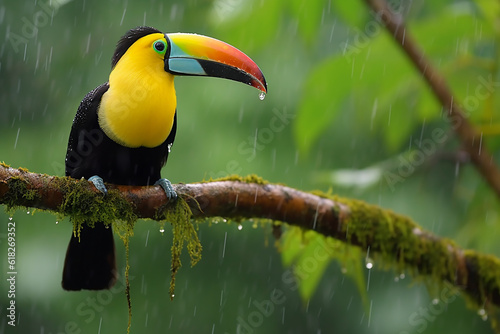 Colorful Chesnut-mandibled Toucan with Open Bill Perched on Branch in Tropical Rainforest - Created with Generative AI Tools