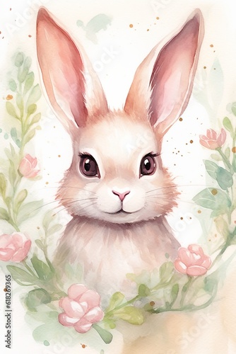 Blushing bunny with rosy cheeks watercolor illustrat. AI generated