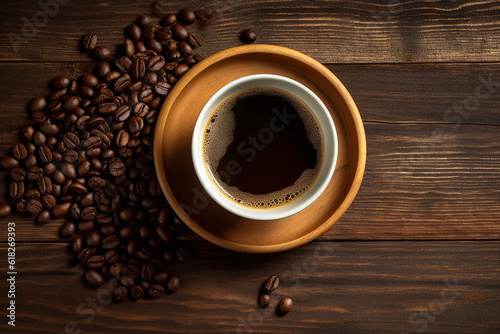 Delicious Aromatic Coffee and Coffee Beans on Wooden Background - Created with Generative AI Tools