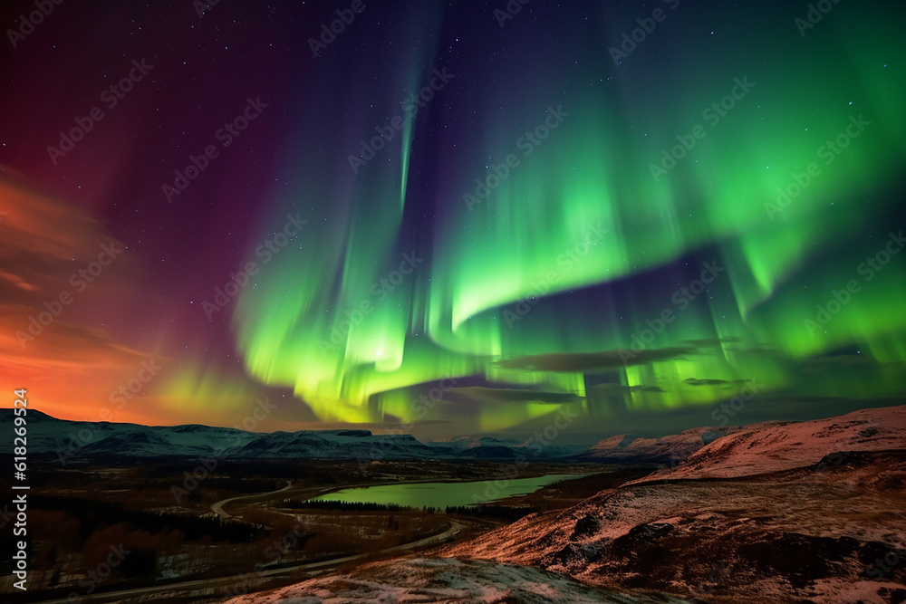 Enchanting Green and Red Aurora Dancing over the Hills - Created with Generative AI Tools