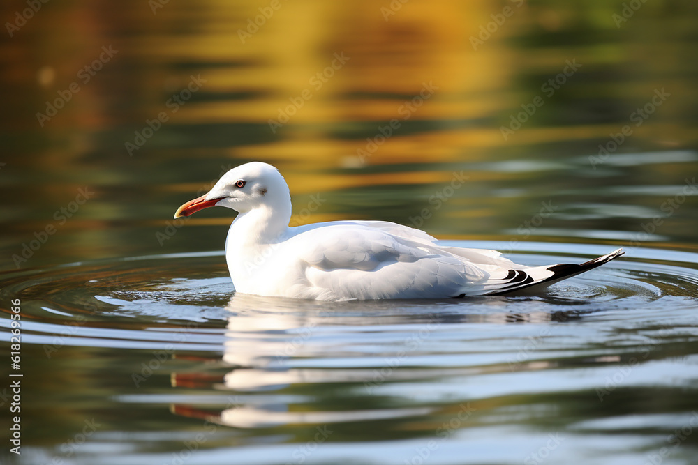 Elegant White Seagull Swimming in Serene Lake - Created with Generative AI Tools Elegant White Seagull Swimming in Serene Lake - Created with Generative AI Tools