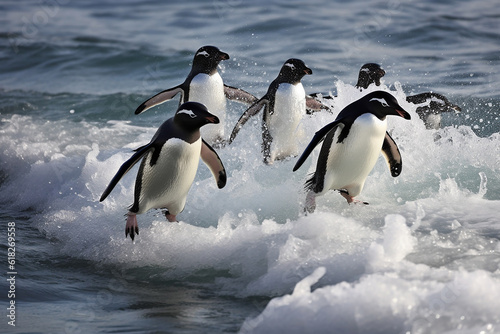 Energetic Group of Adelie Penguins Leaping into the Ocean - Created with Generative AI Tools