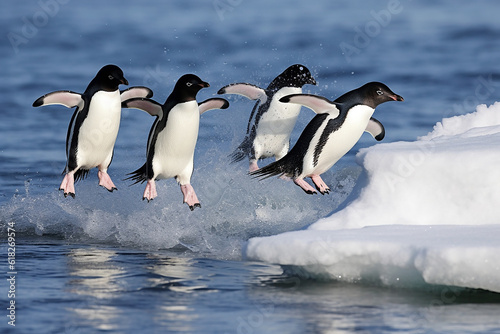 Energetic Group of Adelie Penguins Leaping into the Ocean - Created with Generative AI Tools