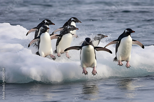 Energetic Group of Adelie Penguins Leaping into the Ocean - Created with Generative AI Tools