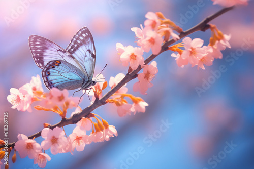 Graceful Blue Yellow Butterfly in Flight with Flowering Apricot Tree Branch - Created with Generative AI Tools