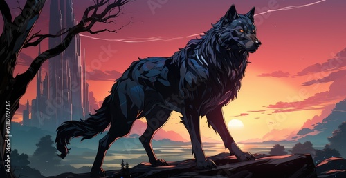 Comics anime style painting of a majestic wolf. 