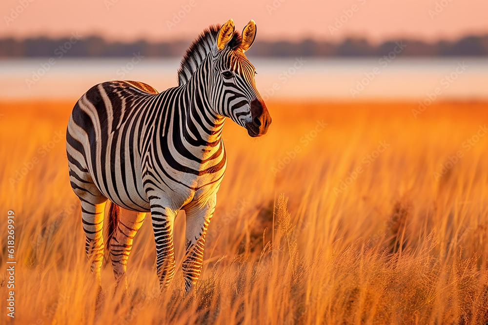 Naklejka premium Majestic Plains Zebra in Grassy Nature Habitat with Evening Light near Lake - Created with Generative AI Tools