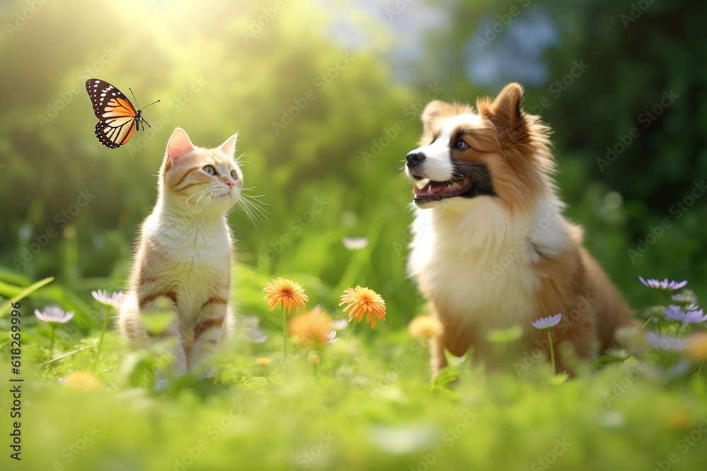 Obraz premium Playful Cat and Dog Catching a Flying Butterfly in a Sunny Summer Garden - Created with Generative AI Tools