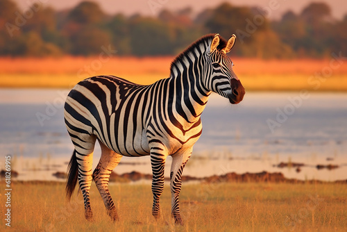 Majestic Plains Zebra in Grassy Nature Habitat with Evening Light near Lake - Created with Generative AI Tools
