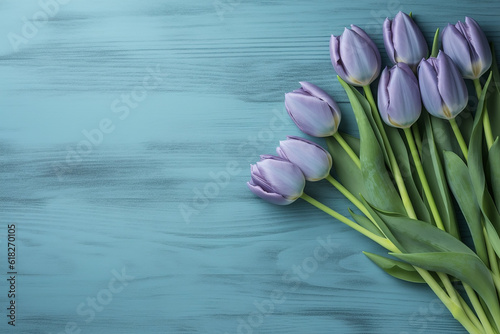 Vibrant Blue Tulips on Light Blue Wooden Table - Created with Generative AI Tools