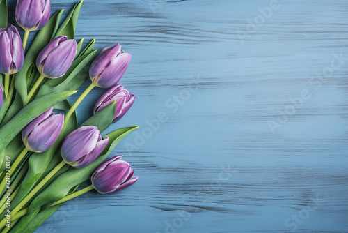 Vibrant Blue Tulips on Light Blue Wooden Table - Created with Generative AI Tools