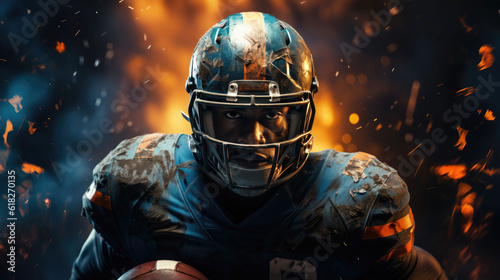 Close-up American football helmet with ball portrait 