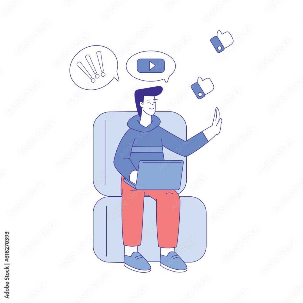 Smiling Man Character Use Social Media Sitting at Laptop Vector Illustration