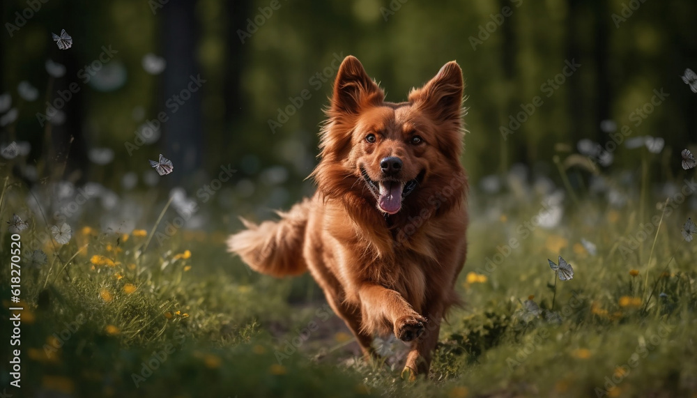 Naklejka premium Fluffy puppy playing in meadow with sunlight generated by AI