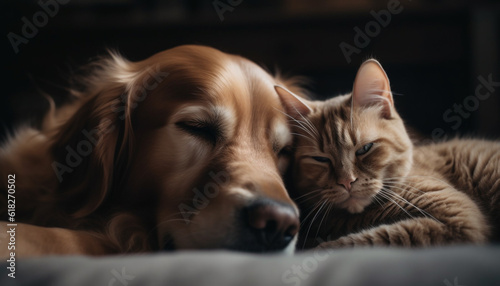 Cute puppy and kitten sleeping together indoors generated by AI