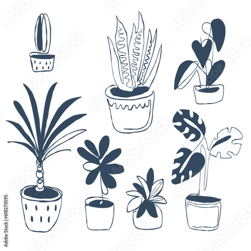 A set of house plants. Drawing with one continuous line. Vector illustration