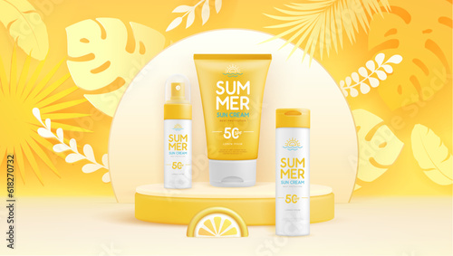 Summer background with 3d set of sunscreen tubes and tropic leaves. Colorful summer scene. Vector illustration