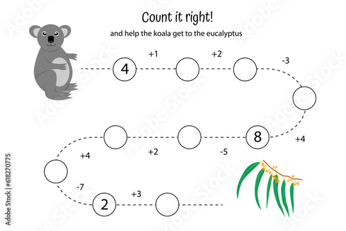 Math game for kids. Help the koala get to the food. Addition, subtraction. Presculus worksheet. Count up to ten