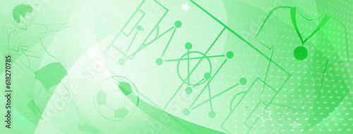 Abstract soccer background with a football player kicking the ball and other sport symbols in green colors