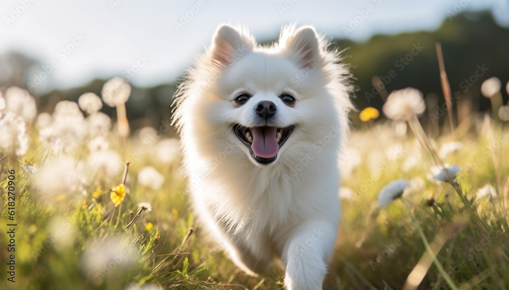 Fluffy Pomeranian puppy sitting in green meadow generated by AI