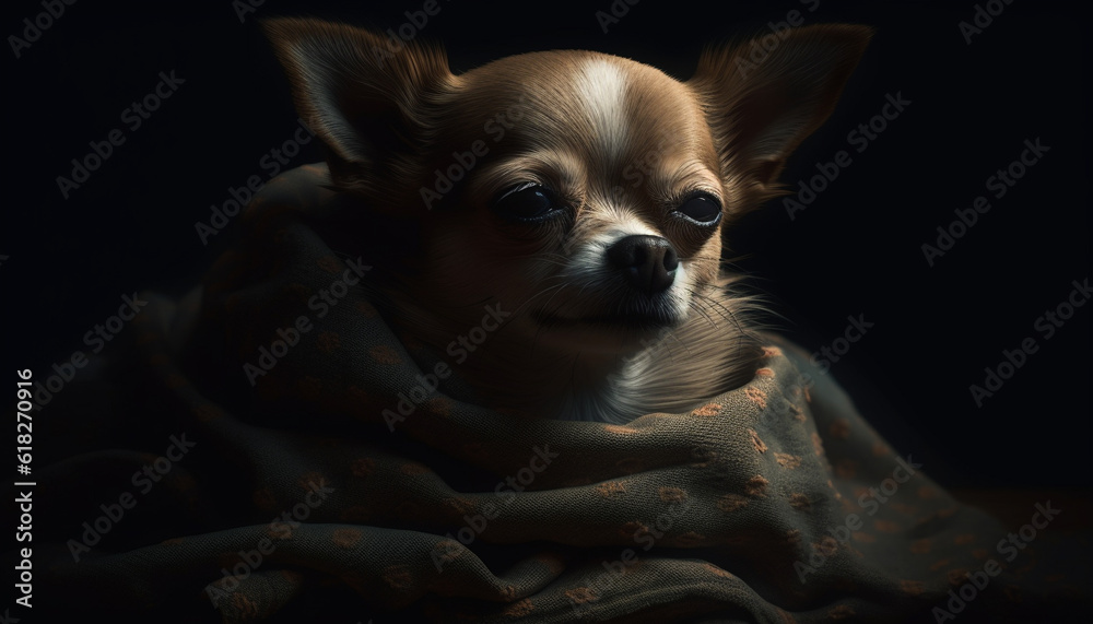 Small, cute lap dog sitting indoors generated by AI