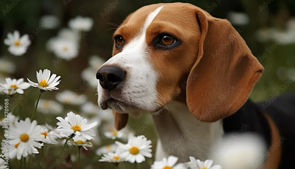 Smiling puppy sitting in meadow smelling daisy generated by AI