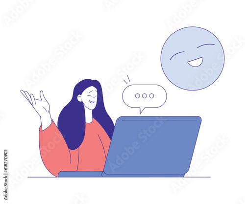 Woman Character Use Social Media Sitting at Laptop Chatting Vector Illustration