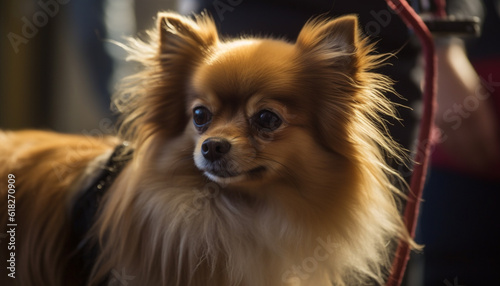 Fluffy lap dog, Pomeranian, sitting cute portrait generated by AI
