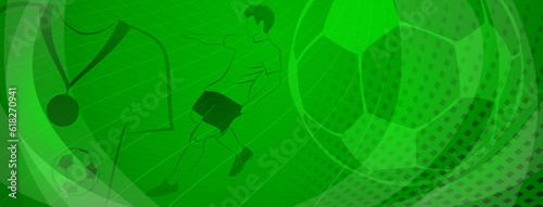 Abstract soccer background with a football player kicking the ball and other sport symbols in green colors