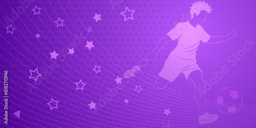 Abstract soccer background with a football player kicking the ball and other sport symbols in purple colors